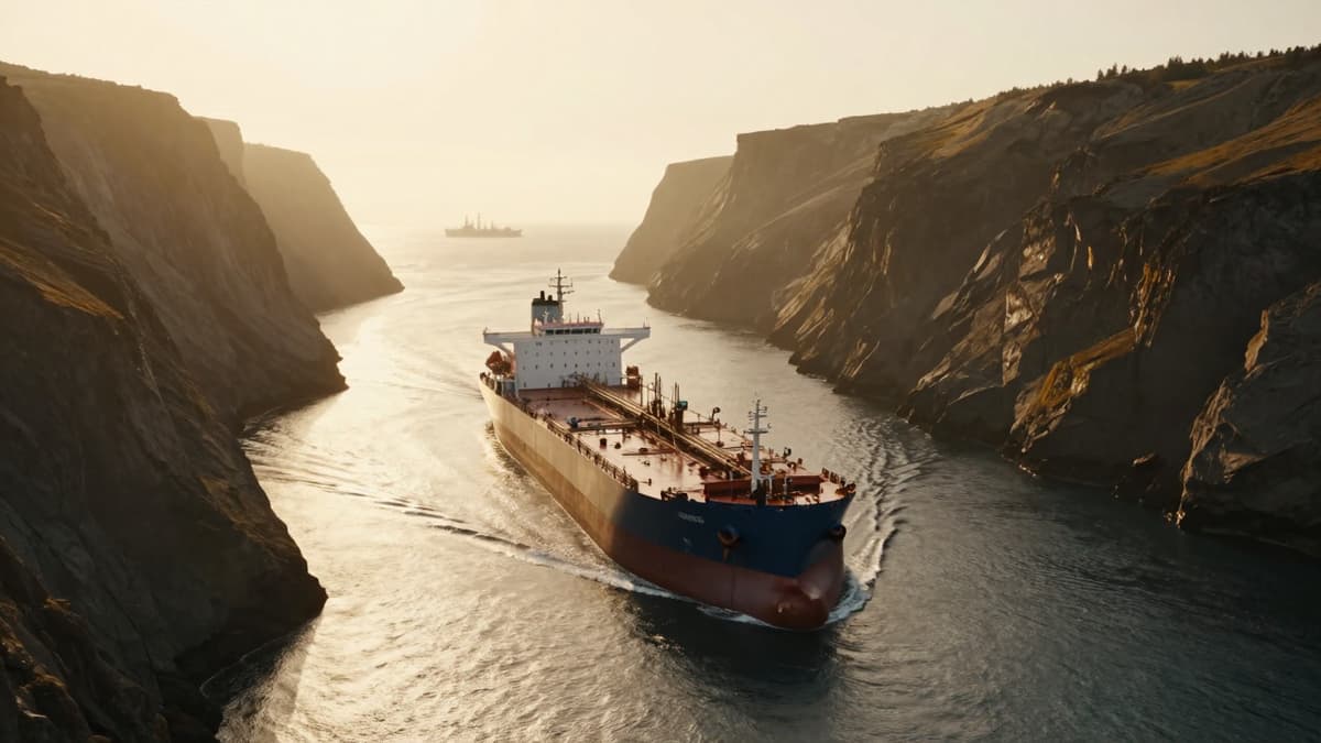 A large oil tanker passes through the narrow Strait of Hormuz under golden sunlight.