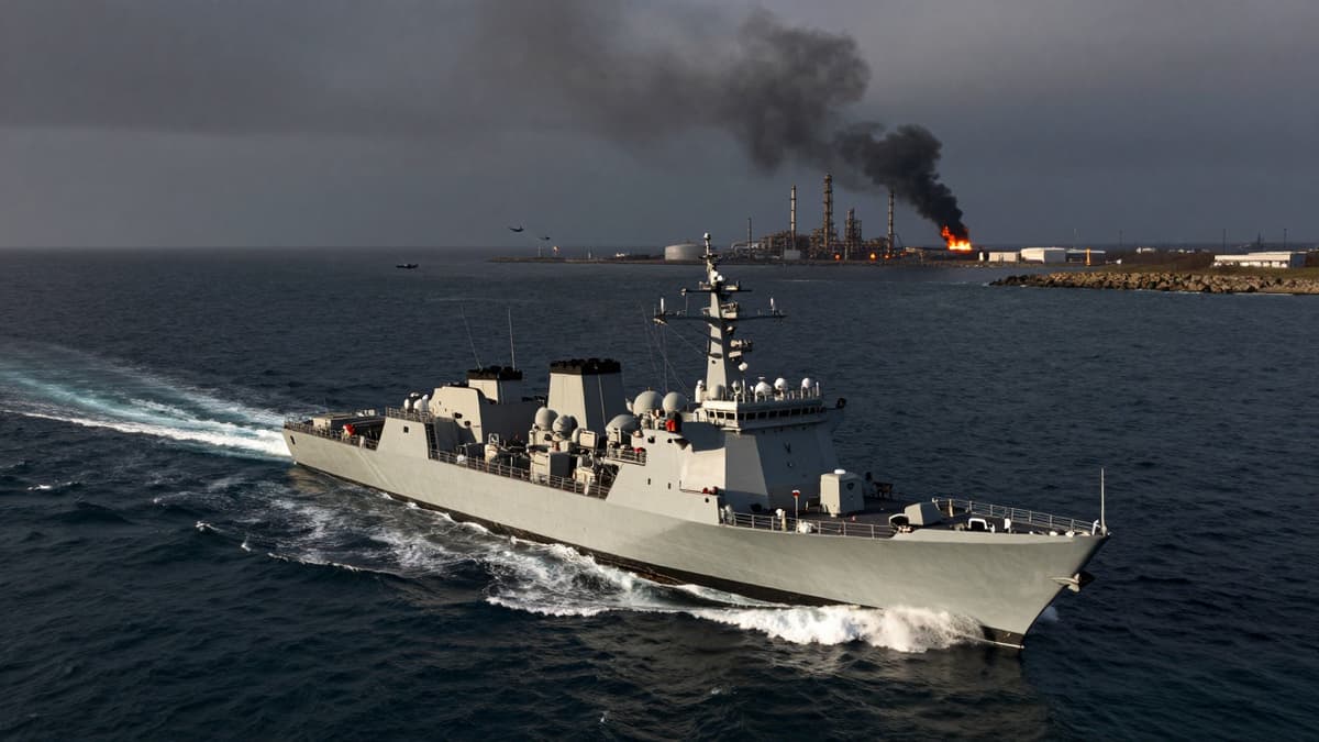 U.S. amphibious assault ship USS Tripoli approaches a stormy coast with industrial smoke plumes in the distance.