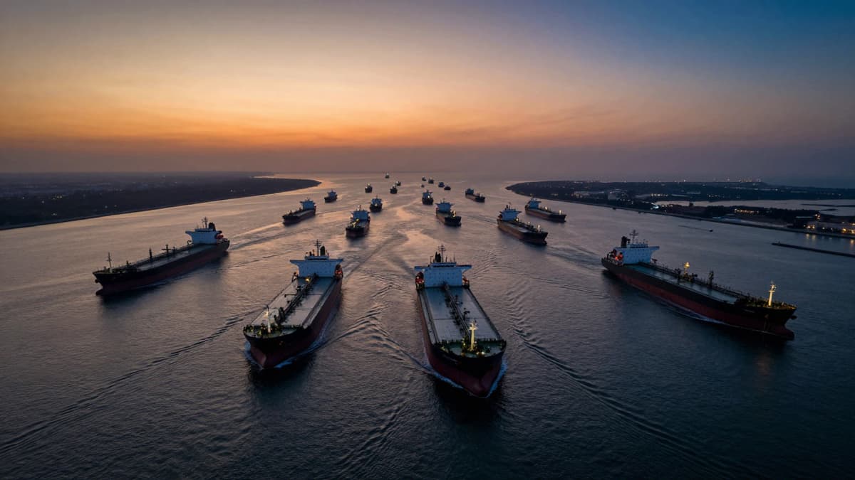Aerial view of oil tankers in the Strait of Hormuz under a twilight sky, highlighting the critical maritime chokepoint.