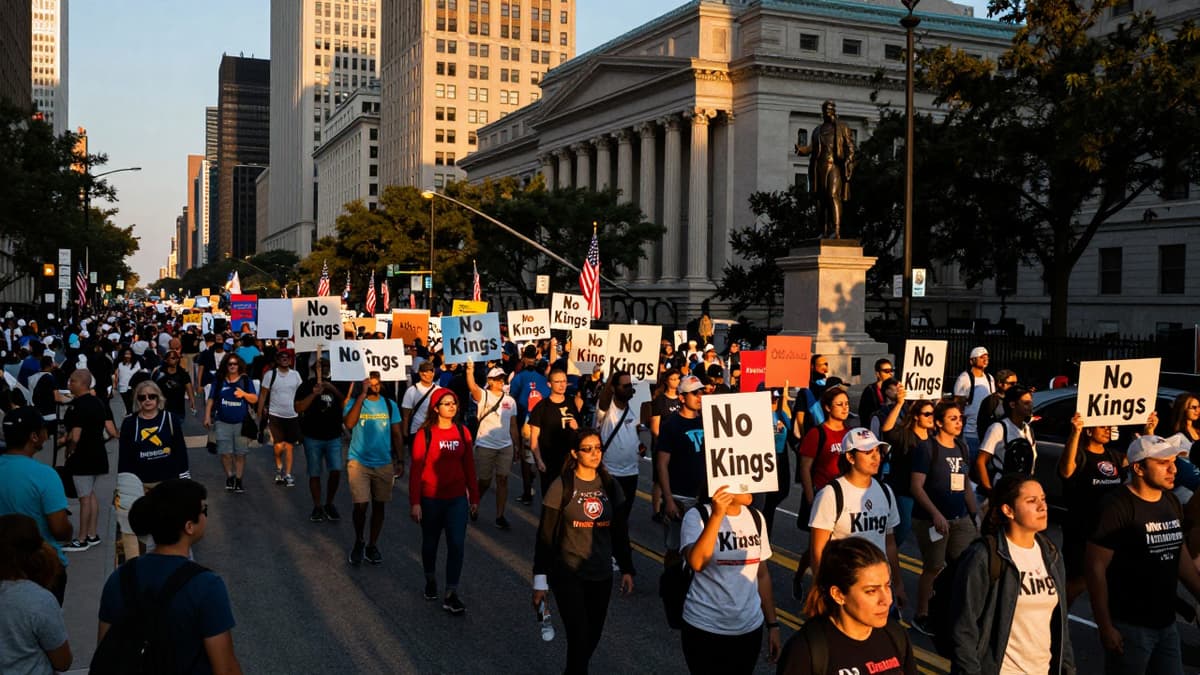 Thousands of protesters march down a city street holding signs and flags during a political demonstration.