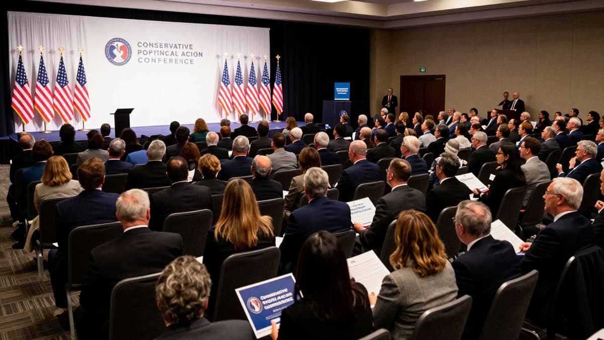 Attendees gather at a large political conference hall facing a stage with flags, capturing the atmosphere of CPAC 2026.