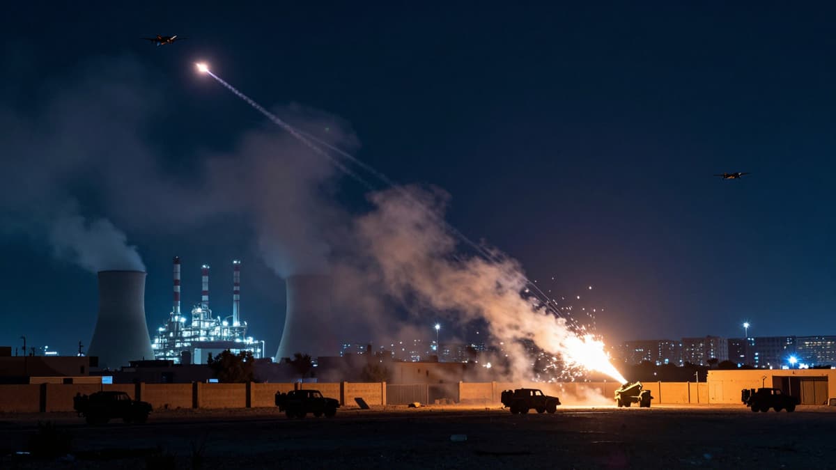 Drones intercepted over a city skyline near a nuclear facility during a night conflict.