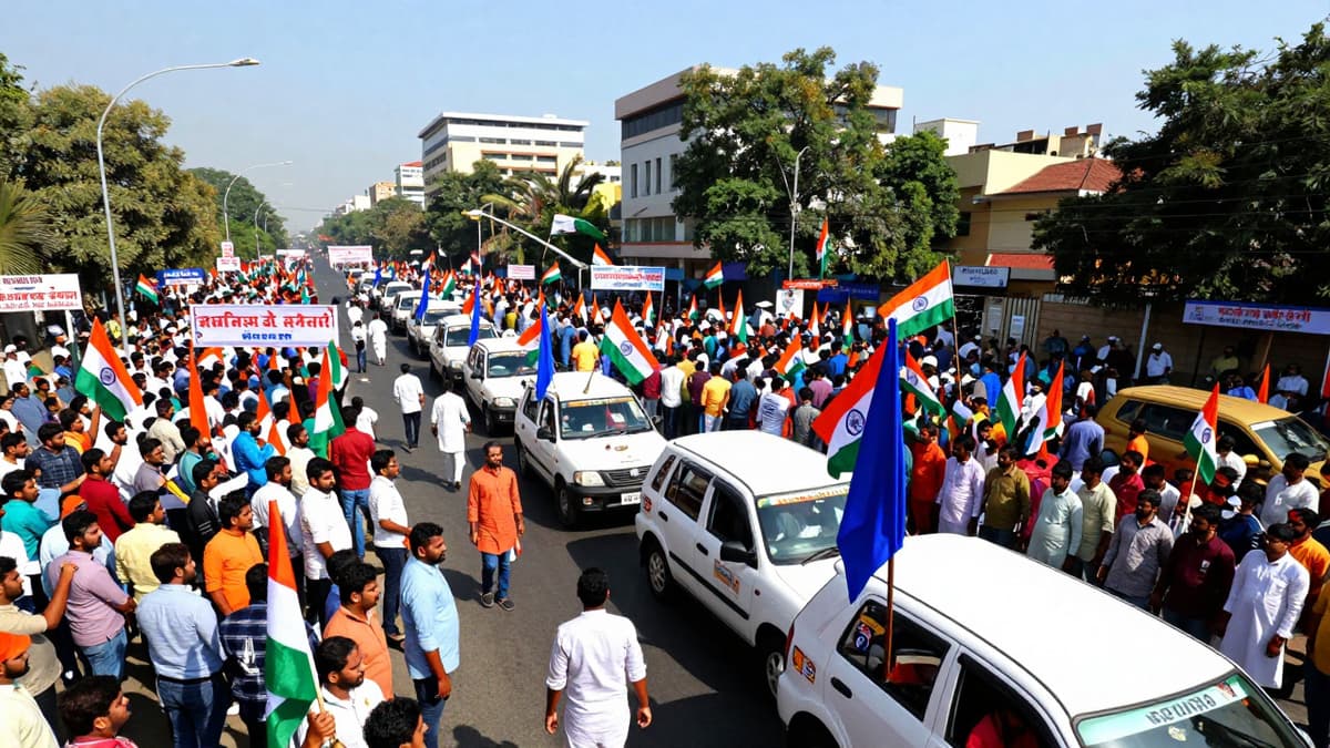 Crowded roadshow at Swaraj Round with supporters waving flags during an Indian election campaign.