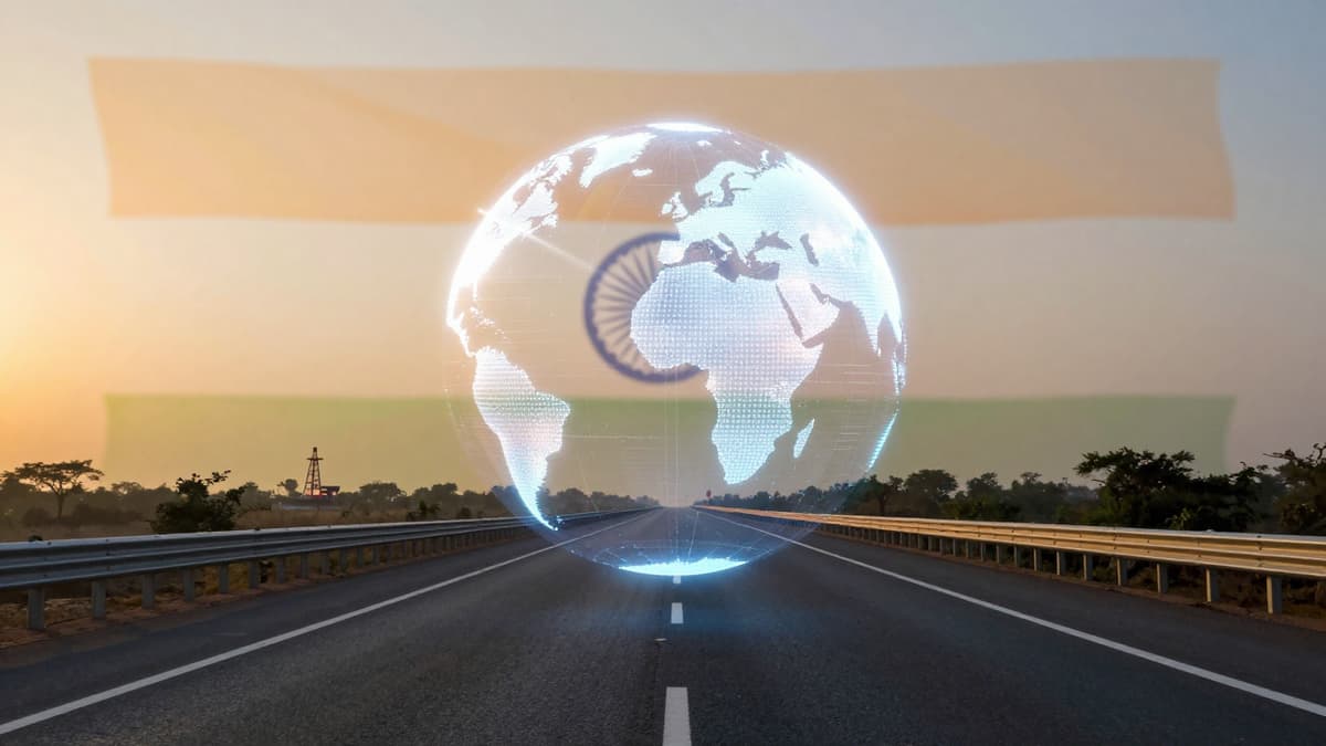 Realistic photo of Indian highway with digital energy globe overlay symbolizing global fuel crisis.
