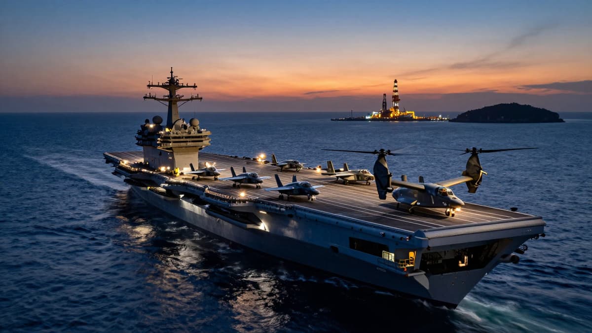 F-35 jets and Osprey aircraft on USS Tripoli carrier deck near Kharg Island.