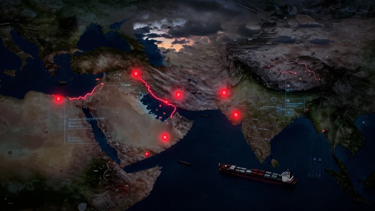 Aerial view of Middle East map highlighting the Strait of Hormuz and Bab al-Mandab Strait with red danger markers.
