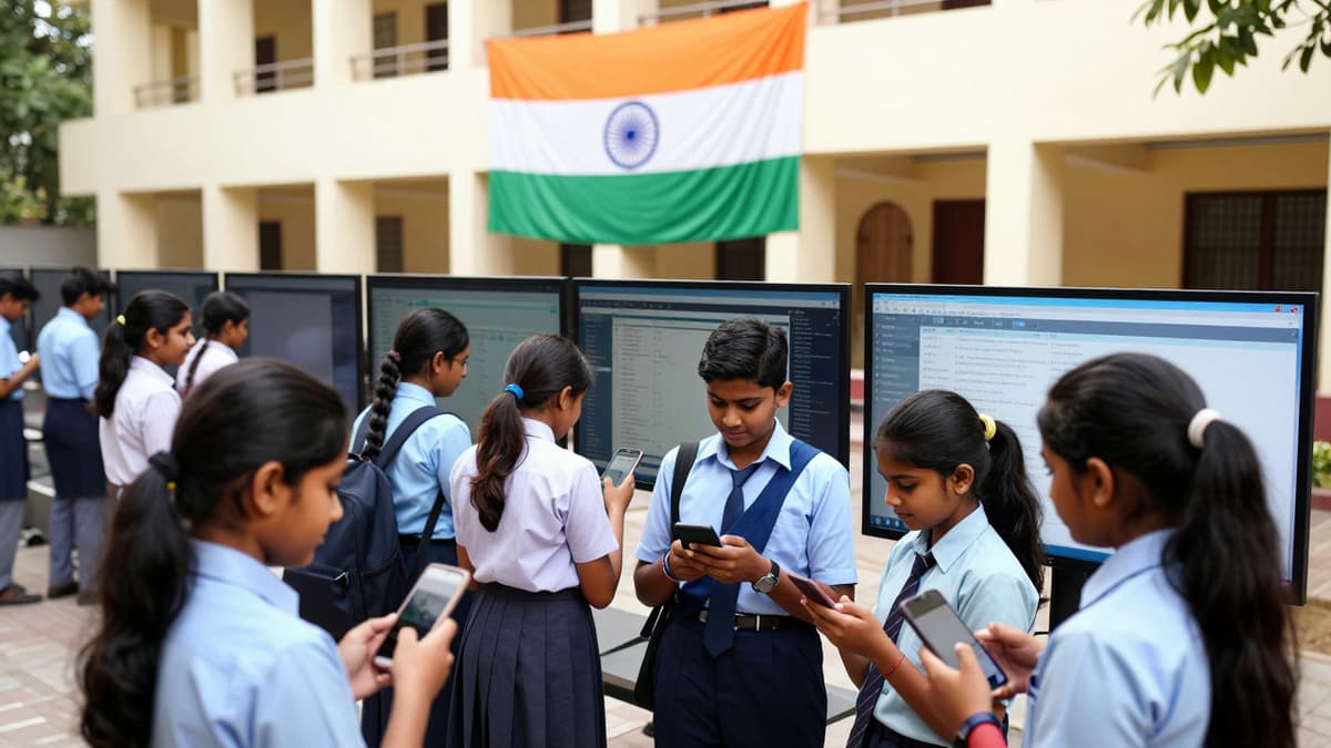Students checking exam results on smartphones outside a Bihar educational building.