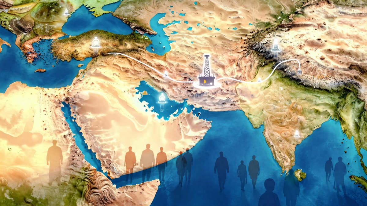 Photorealistic map of West Asia with energy icons and Indian citizen silhouettes symbolizing unity during conflict.