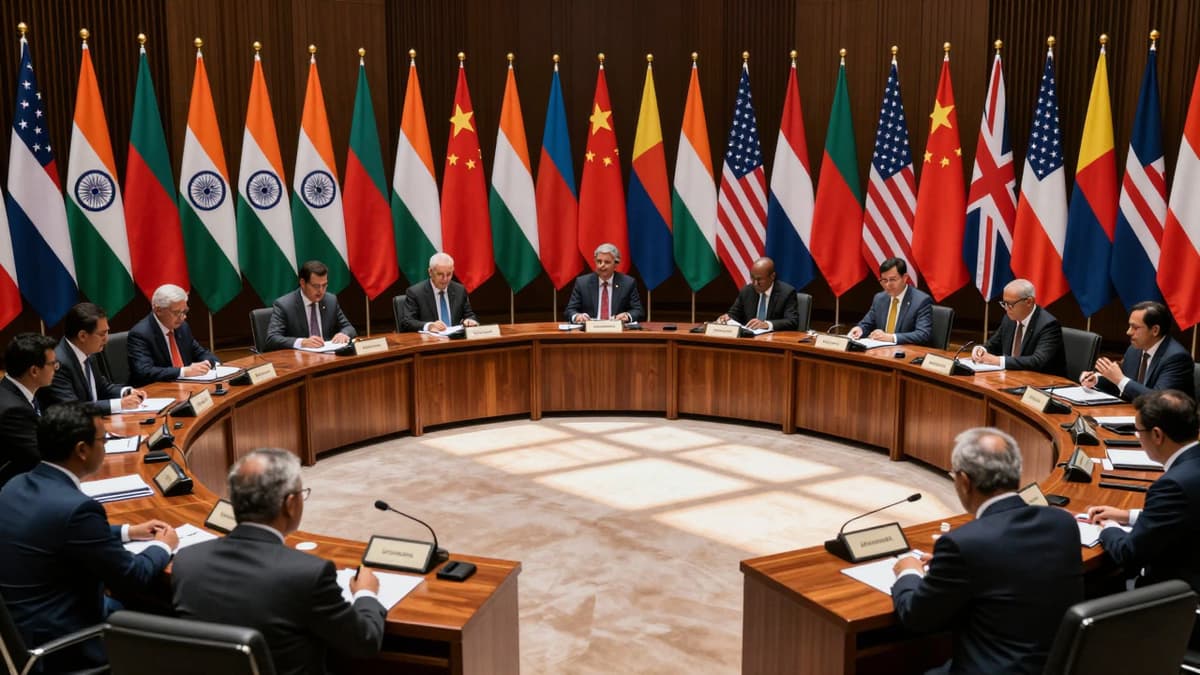 Diplomatic delegates and national flags inside a conference hall representing global trade negotiations and geopolitical tensions.