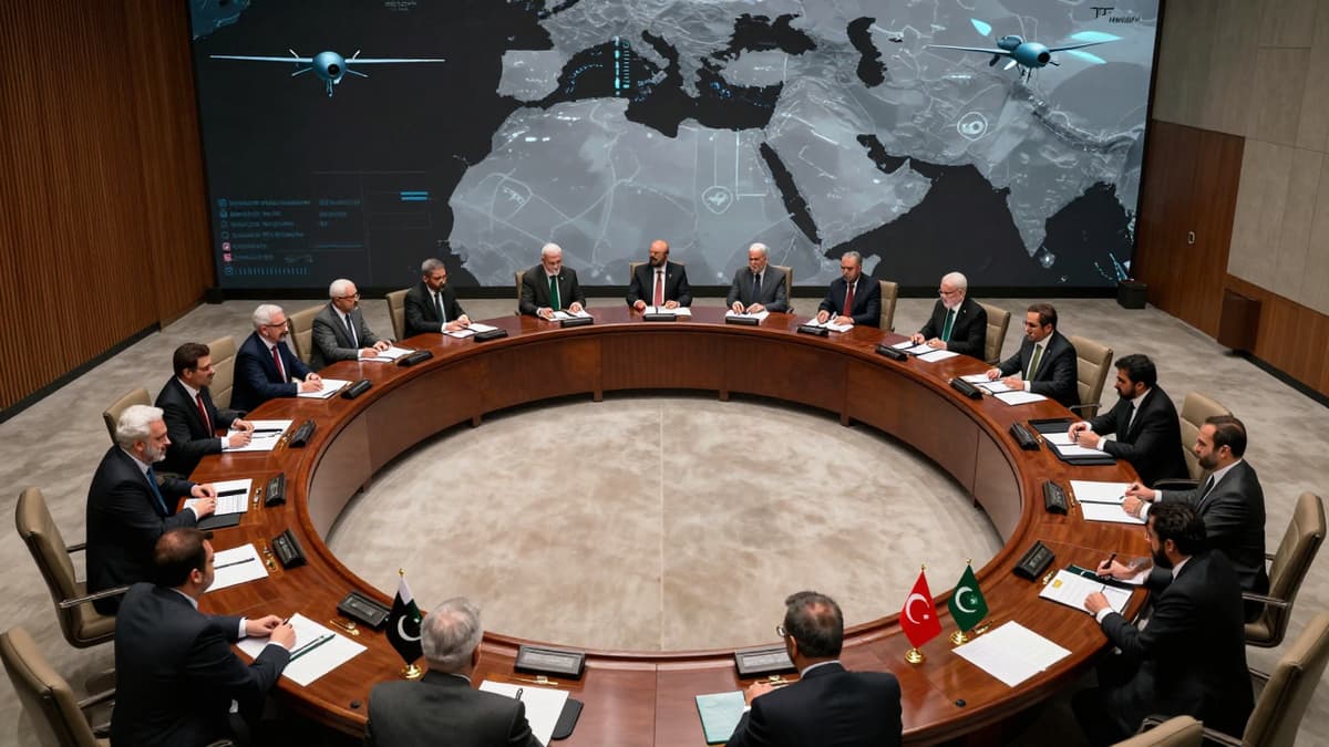 Aerial view of a diplomatic summit table with Middle East flags and military symbols in a modern conference hall.