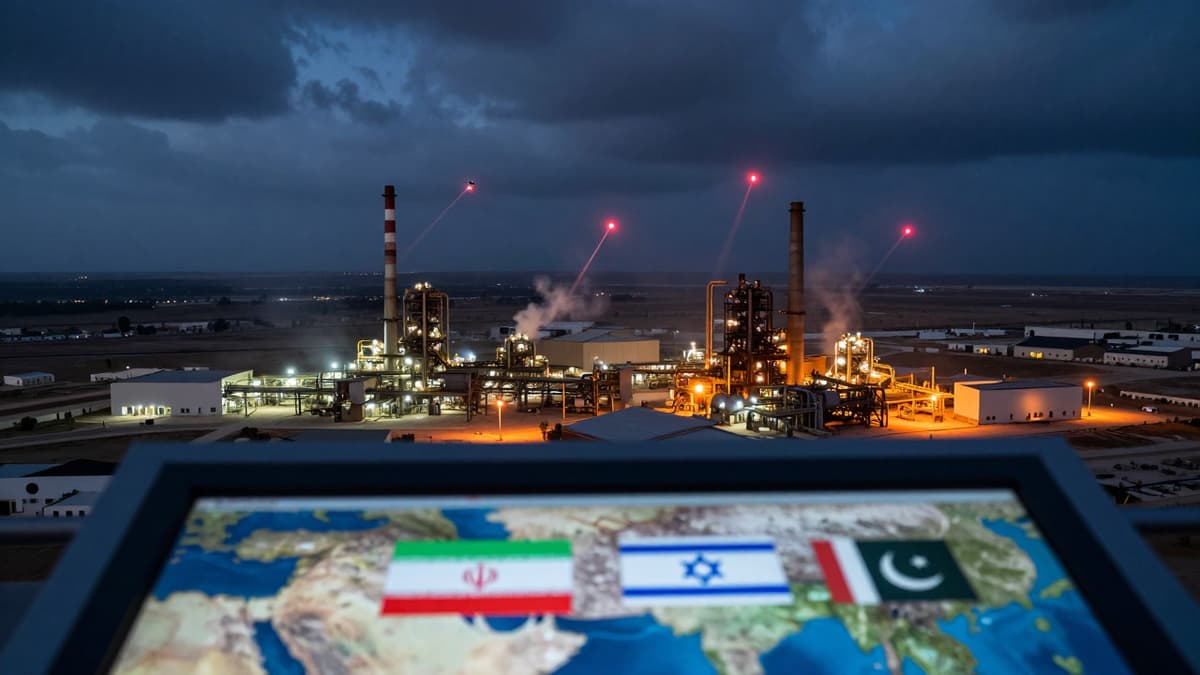 Aerial view of missile trails over industrial aluminium plants in the Middle East at dusk.
