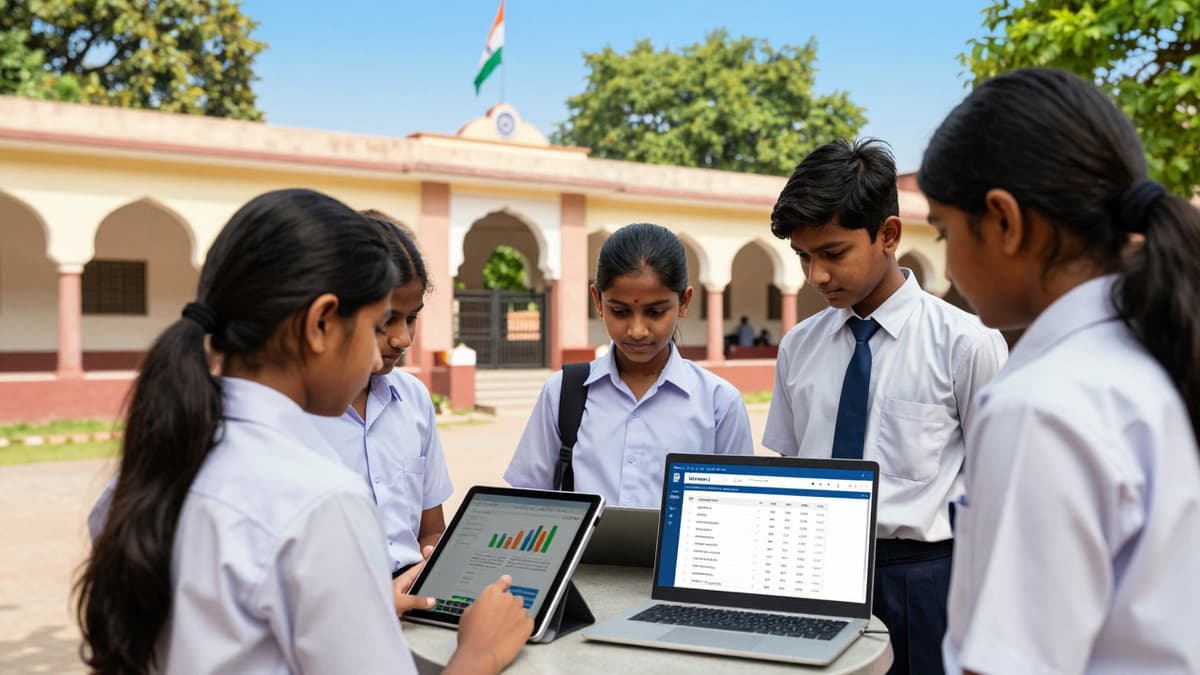 Indian students checking exam results on a tablet in a school courtyard with traditional architecture.