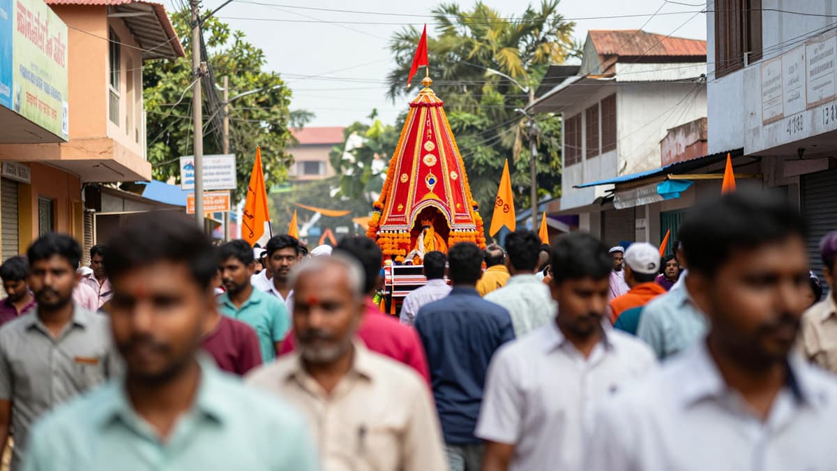 A festive street scene with a crowd and flags during a religious procession in a Balangir town.