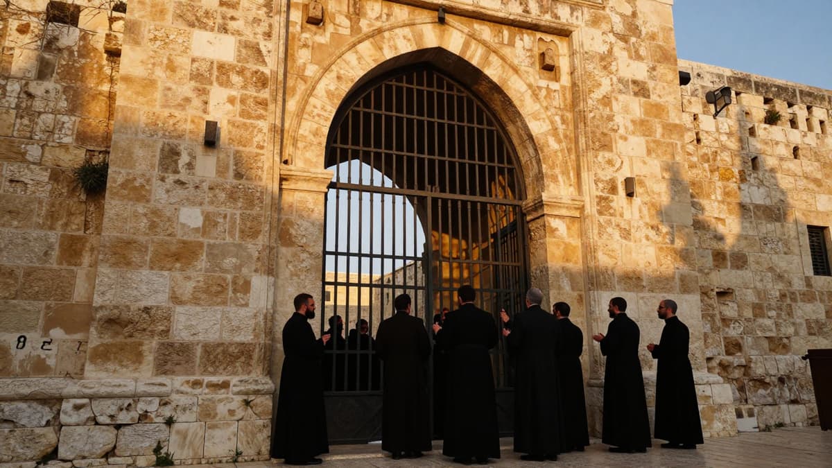 Clerical figures stand behind a closed gate at a historic Jerusalem church entrance, blocked from entry during a religious observance.