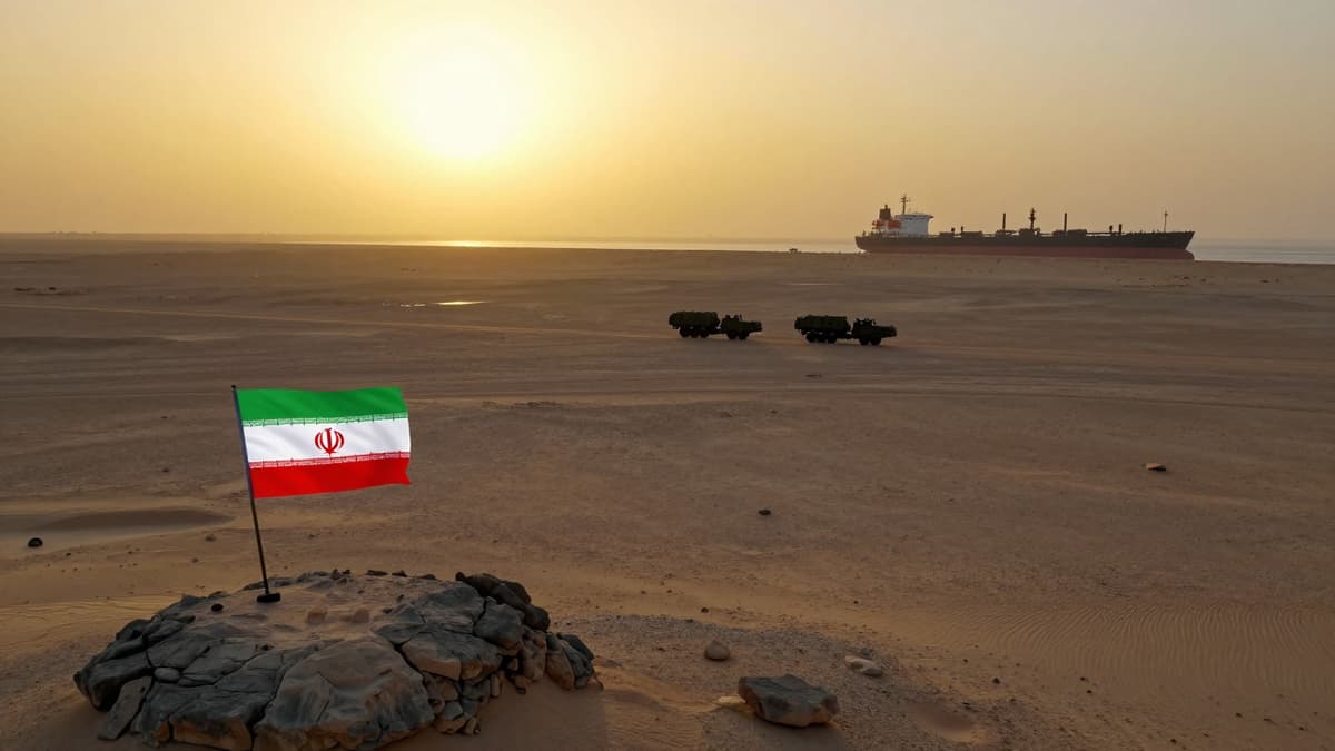 Realistic aerial view of a desert landscape with an Iranian flag and a distant oil tanker under a tense sky.
