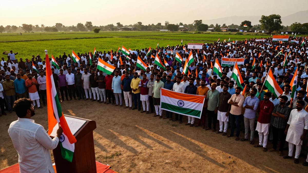A large political rally gathering in rural India featuring Indian flags and a podium, symbolizing a major political event.