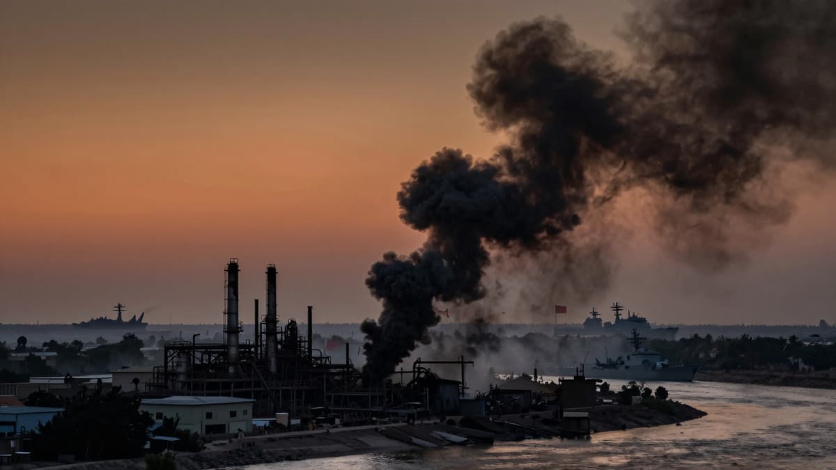 Smoke rising from a damaged industrial site near a river with military aircraft and naval silhouettes in the distance.
