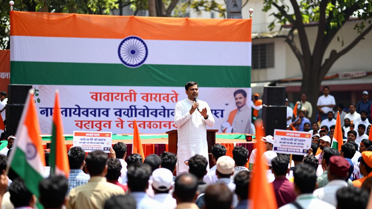A political rally scene with a stage, Indian flags, and a crowd in daylight, representing the Assam Assembly Elections context.