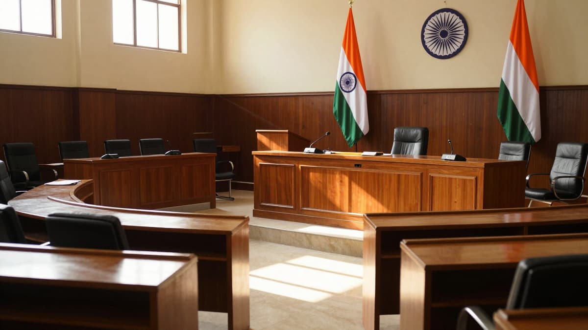 Interior of the Bihar Legislative Council chamber with flags and empty wooden desks.