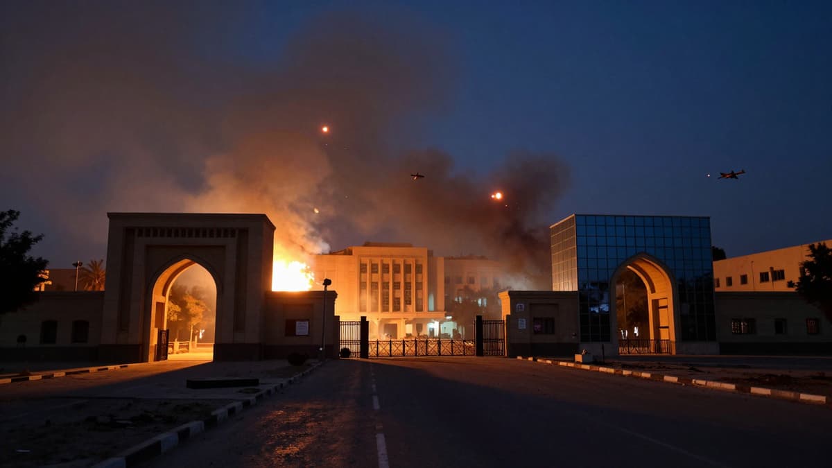 Smoke rises near university gates at dusk during a tense military confrontation in the Middle East.