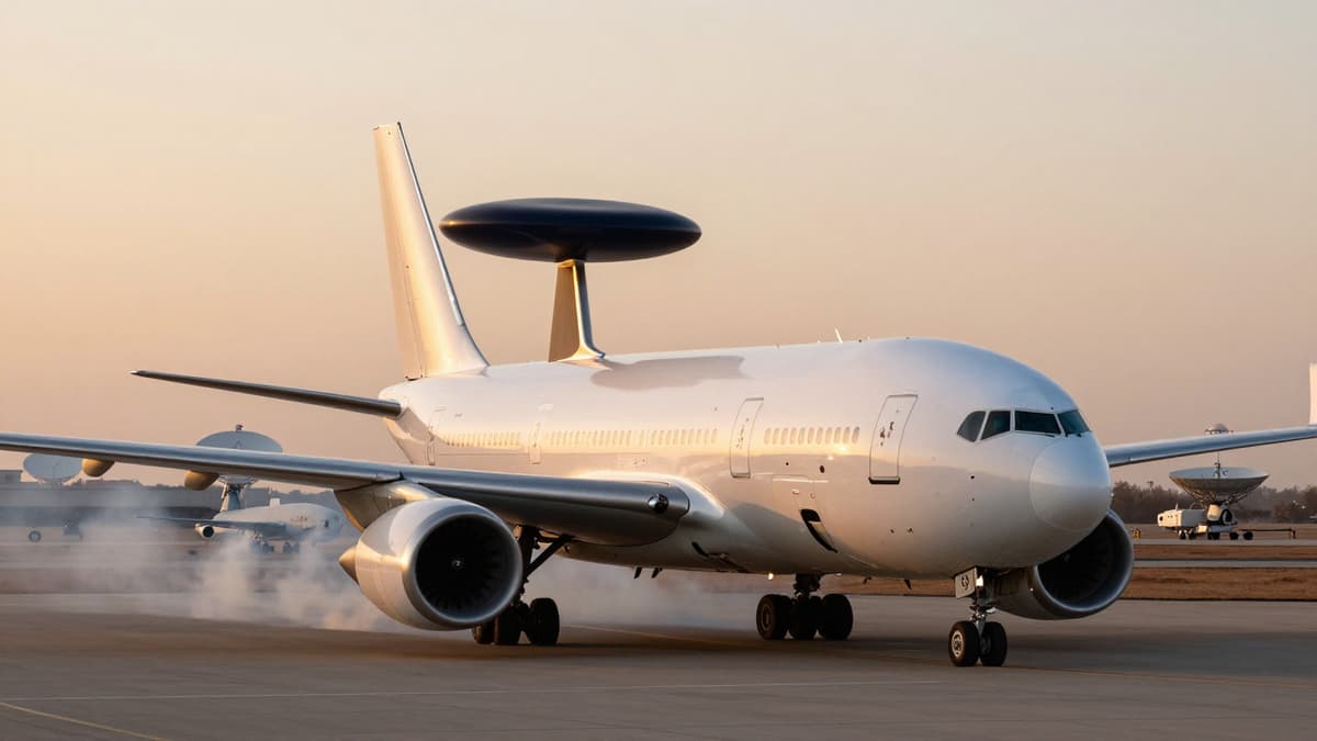 Damaged military aircraft and smoke at a desert airbase during an attack on an AWACS system.