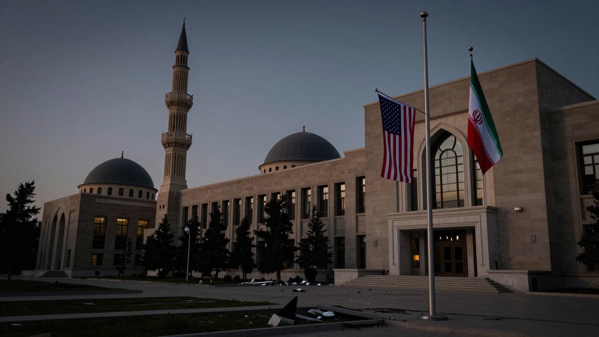 Damaged university campus with US and Iranian flags flying under dramatic dusk lighting.
