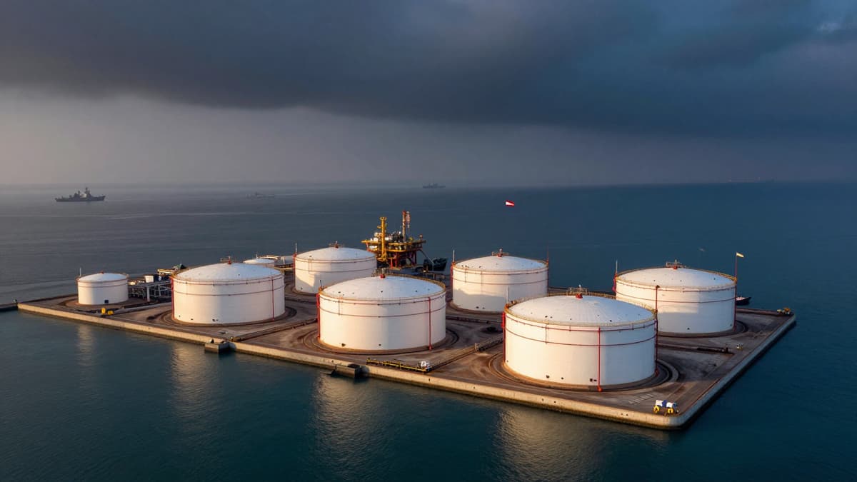 Aerial view of Kharg Island oil infrastructure under stormy skies with Persian and US flags symbolizing conflict.