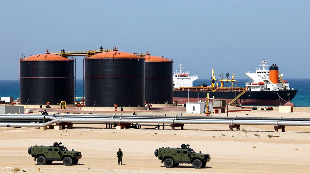 US military personnel securing an oil export facility on a coastal island during a tense geopolitical standoff.