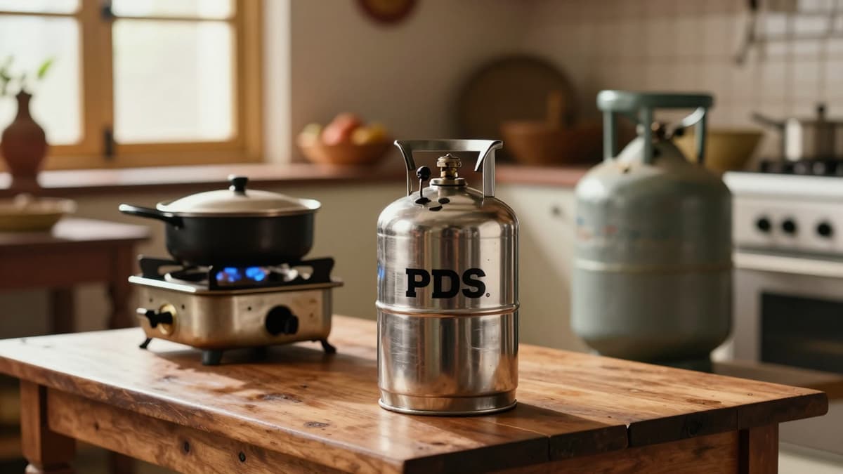 A domestic kitchen scene featuring a PDS kerosene canister and LPG cylinder on a wooden table.