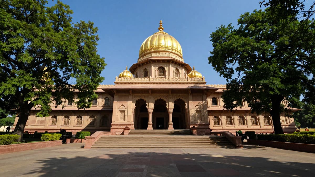 Low angle view of an ornate Indian legislative building dome under a clear sky, symbolizing political transition.