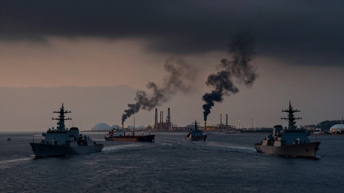 Warships and oil terminals in the Persian Gulf with smoke rising under a stormy sky.
