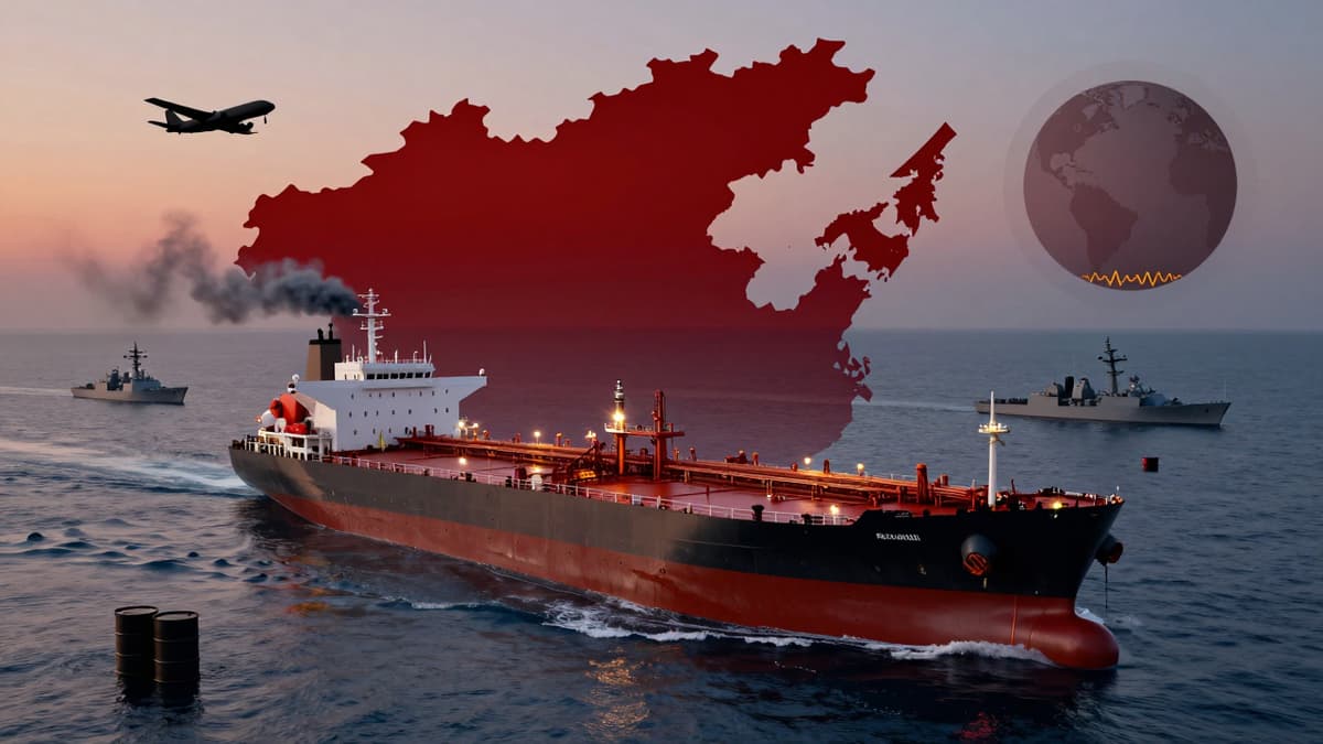 Oil tanker and naval vessels in the Strait of Hormuz symbolizing global energy disruption.