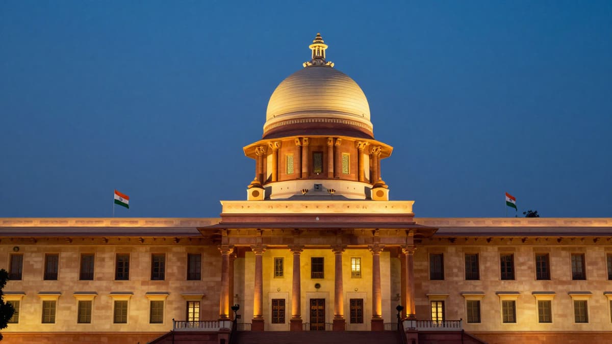Realistic photo of the Indian Parliament building at dusk with flags, symbolizing the legislative transition.