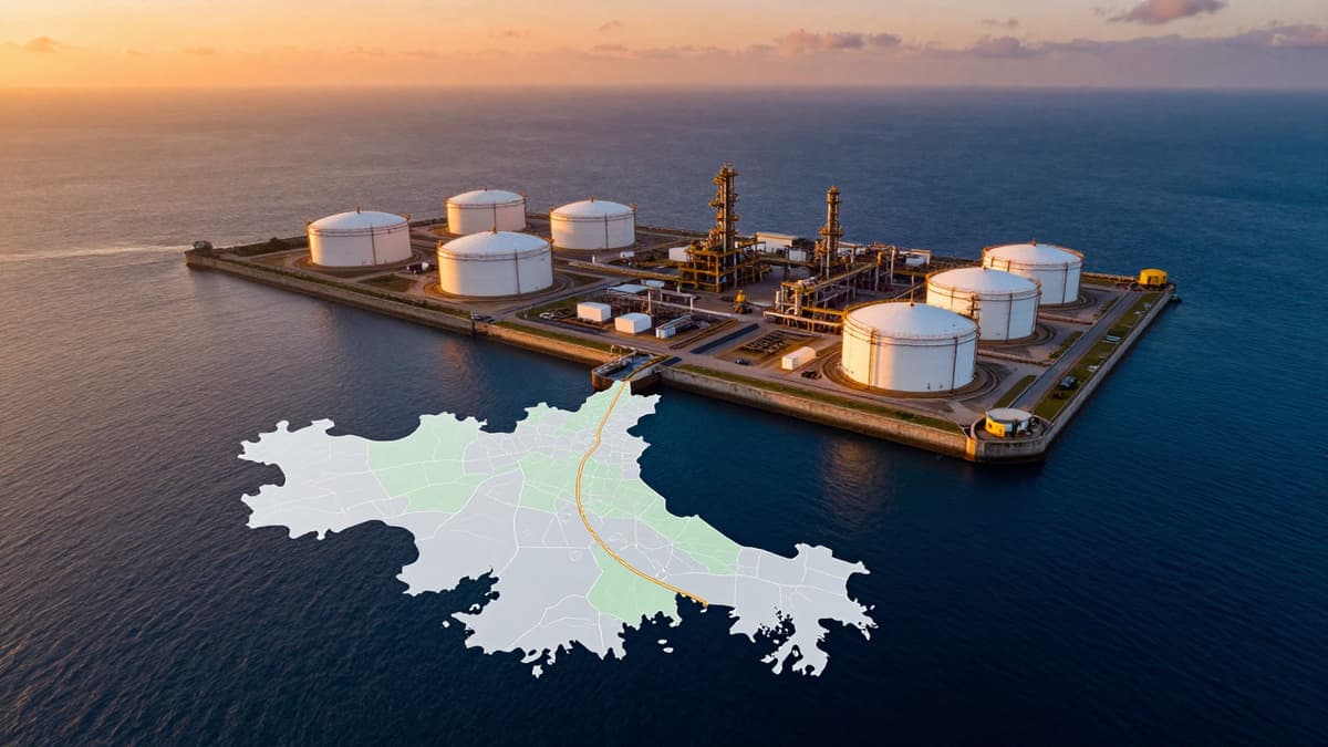 Aerial view of a strategic oil island and narrow waterway.