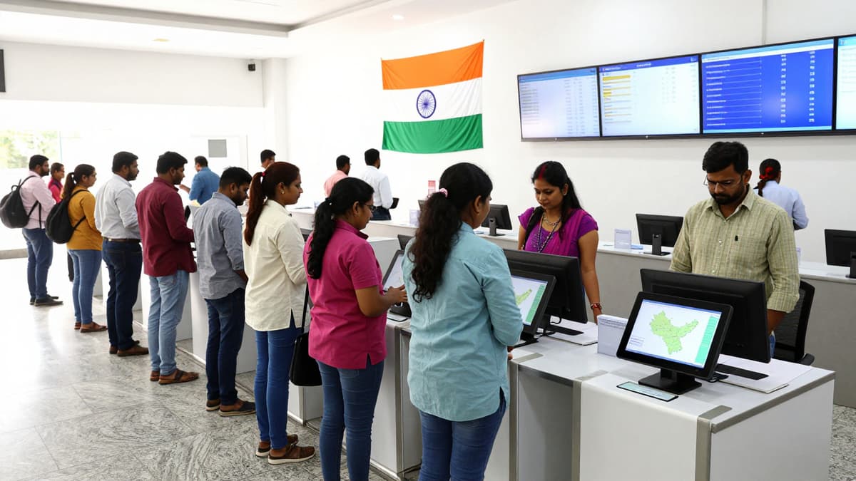 Diverse adults using digital tablets for Census 2027 registration with Indian flag in background.