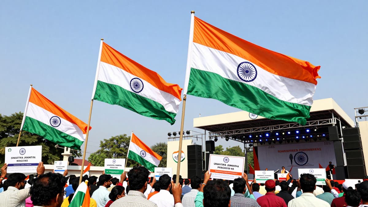 Vibrant Indian political rally scene with waving BJP and national flags and diverse crowd ahead of election day.
