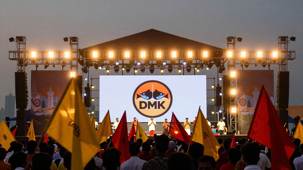 A photorealistic image of a DMK political rally stage with flags and the party symbol at twilight.