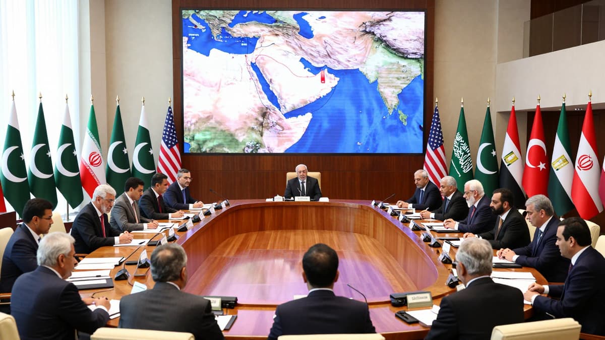 Diplomatic meeting with flags of Pakistan, US, Iran, Saudi Arabia, Turkey, and Egypt discussing the Strait of Hormuz crisis.