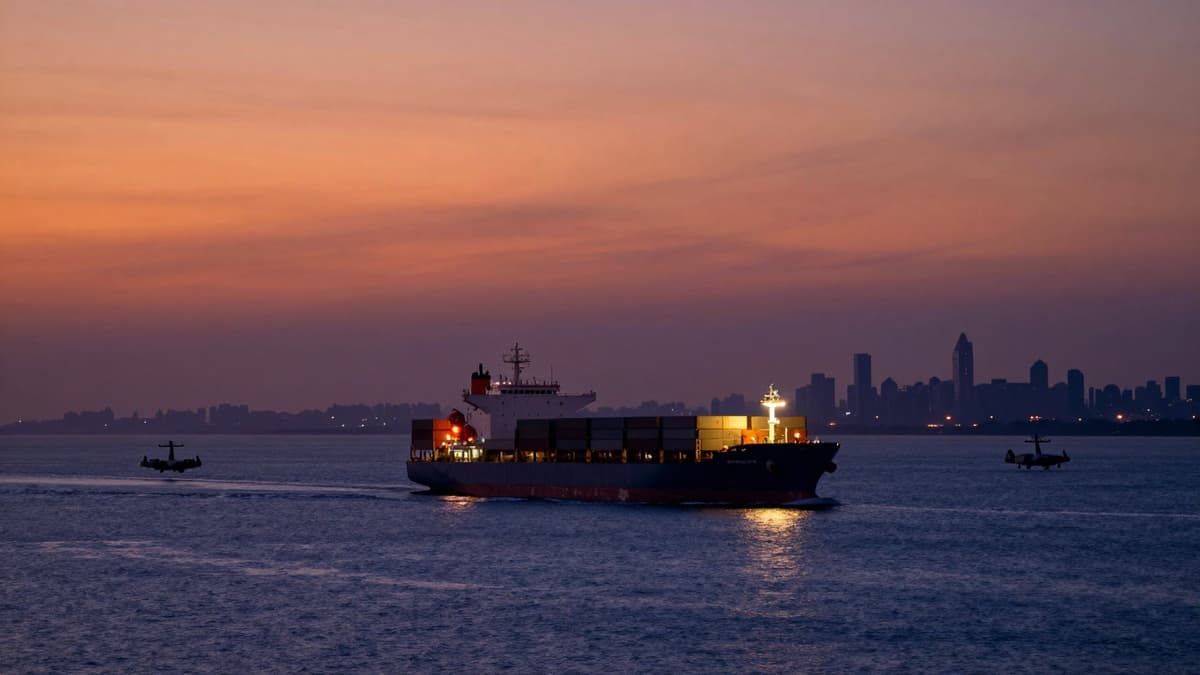 A container ship transits the Strait of Hormuz under twilight skies with distant military aircraft and a city skyline.