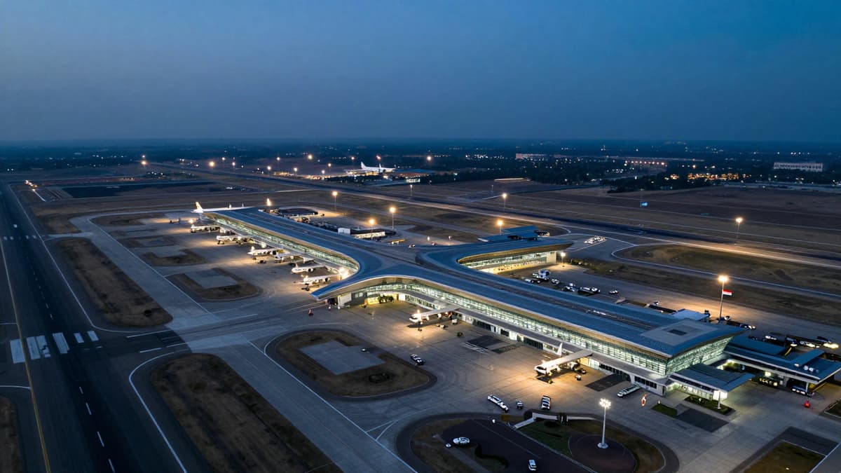 Aerial view of the new modern airport terminal and runways at twilight with an Indian flag, no text visible.