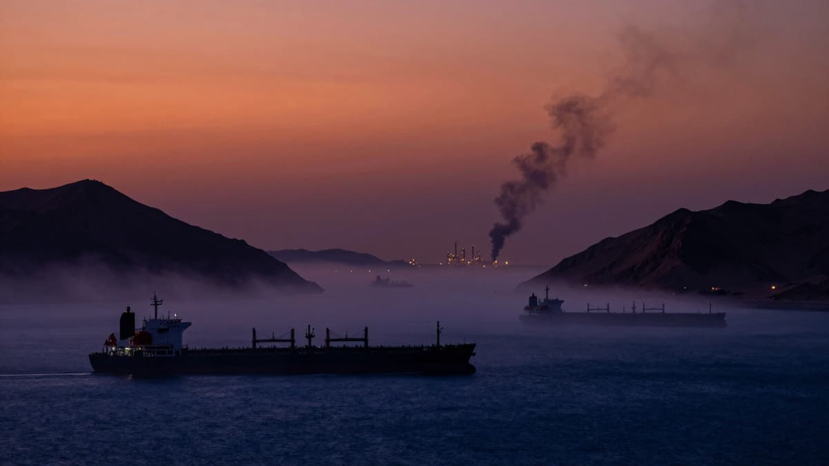 Oil tankers navigate tense waters near burning industrial sites under a twilight sky during the Strait of Hormuz crisis.