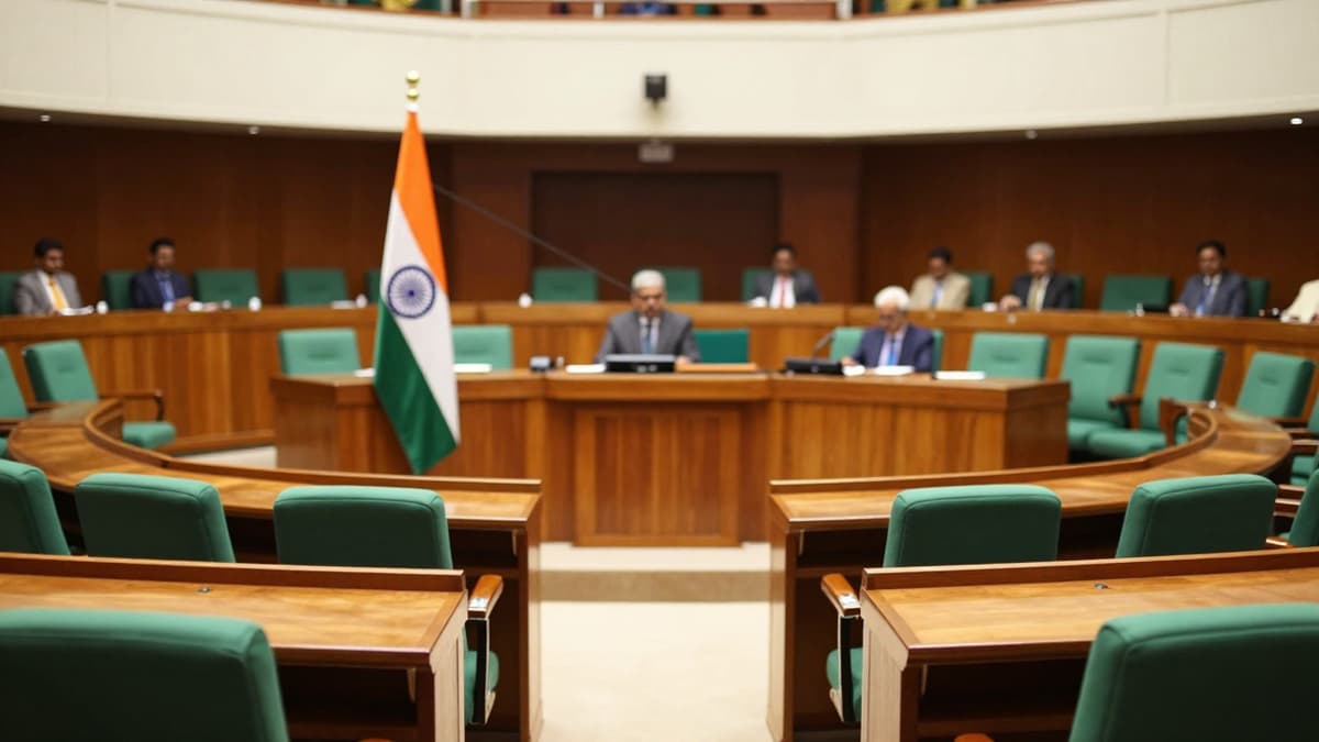 Interior of Indian Parliament Lok Sabha chamber with podium and flag during session
