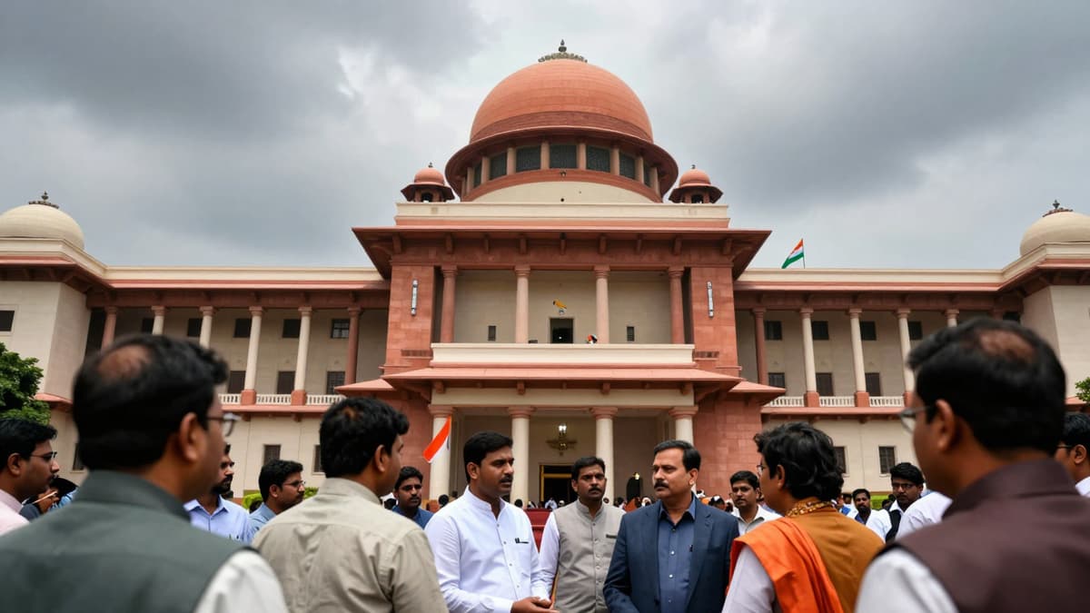 Politicians gather outside the Bihar CM's residence under overcast skies as political tensions rise.