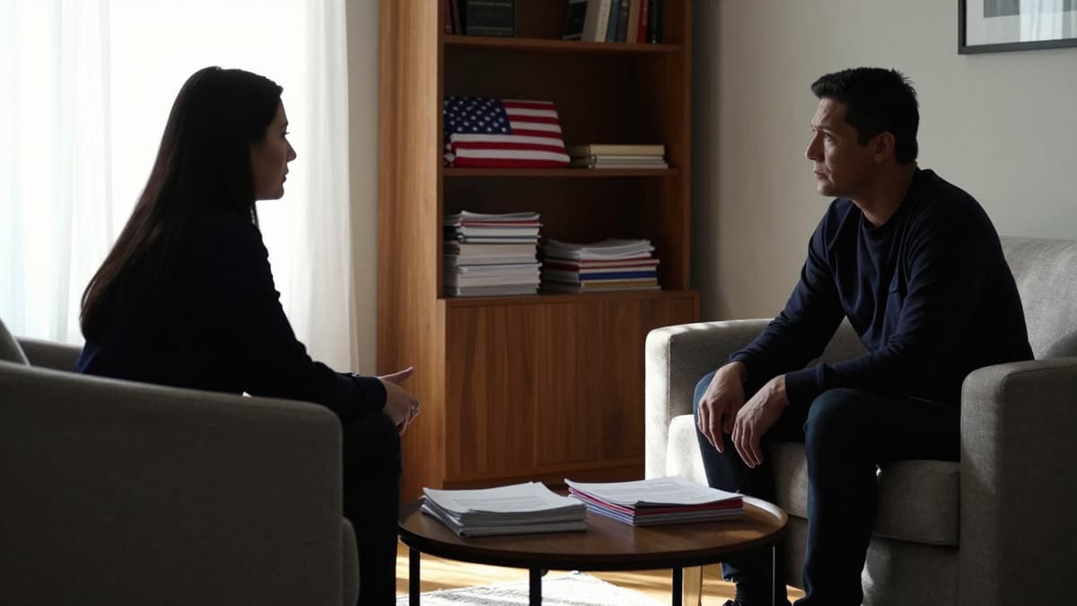 Two figures sitting in a sunlit room with political documents nearby, engaged in a serious discussion about domestic and policy matters.