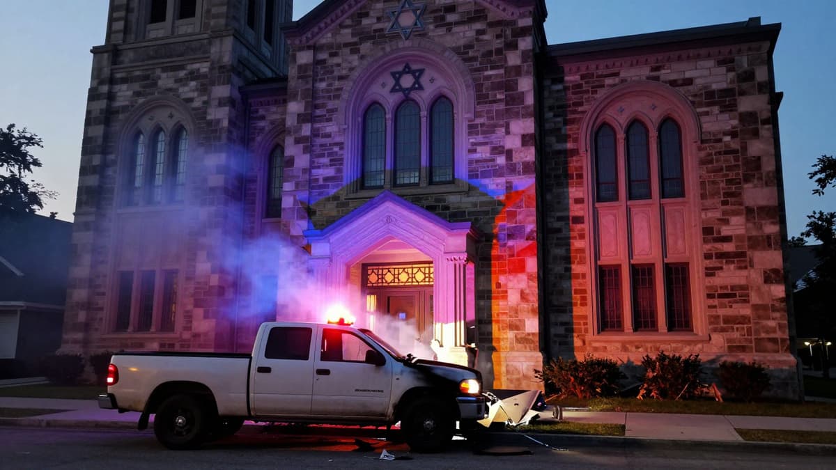 Smoke rising from a damaged synagogue entrance where a truck crashed during a terrorist attack in West Bloomfield.