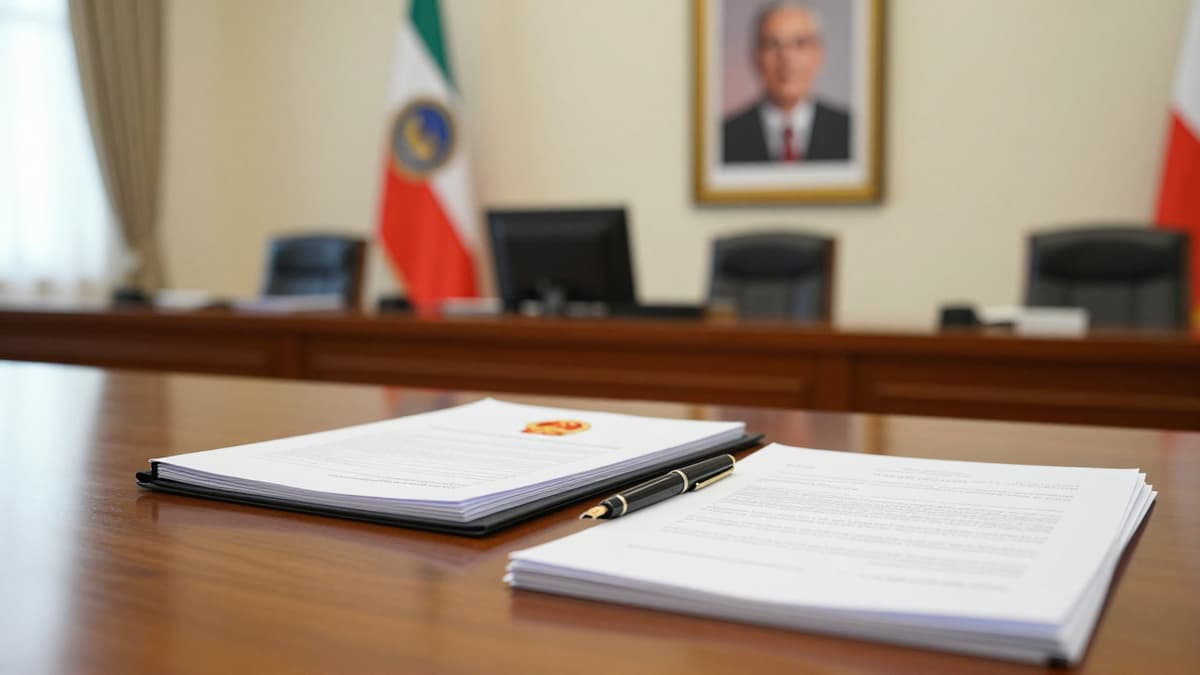 Official documents and a government file on a wooden desk in a formal hall with a national flag in the background.