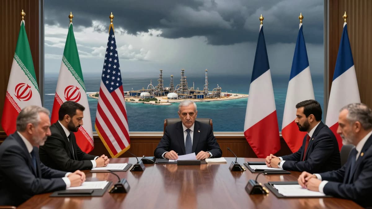 Tense geopolitical summit with flags and distant oil refinery under stormy sky.