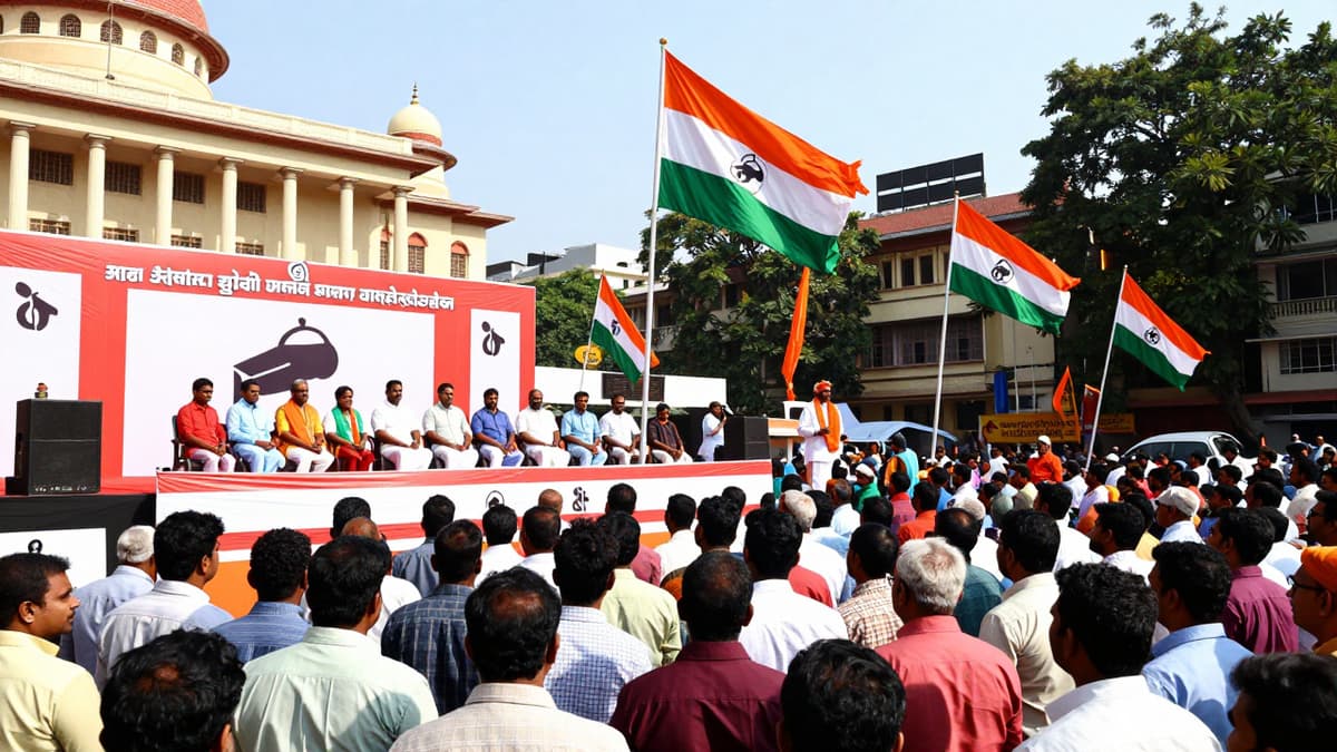 A crowd gathers at a political rally stage with flags and a whistle symbol visible, representing a campaign launch.