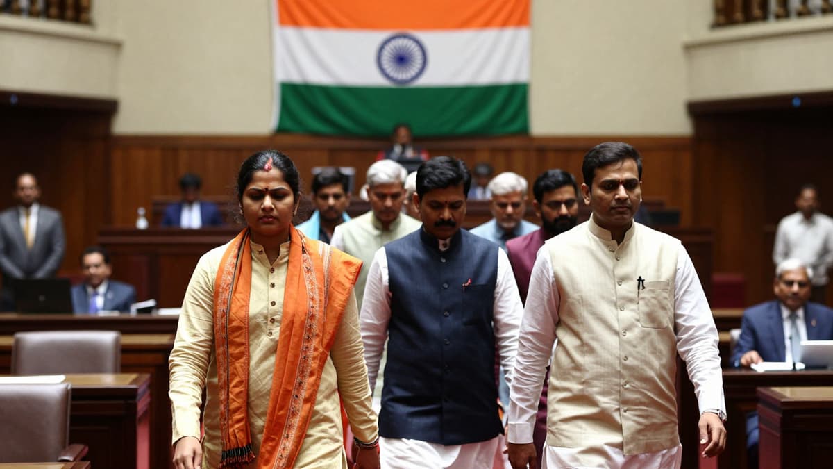 Legislators staging a walkout in a parliamentary chamber during a protest over a political controversy involving national figures.