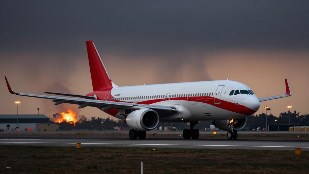 A damaged Mahan Air plane on a runway with smoke rising in the background under a dark sky.